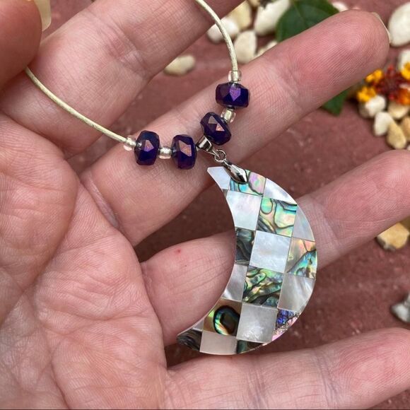 Abalone Moon Pendant Handmade leather Necklace - Picture 5 of 9